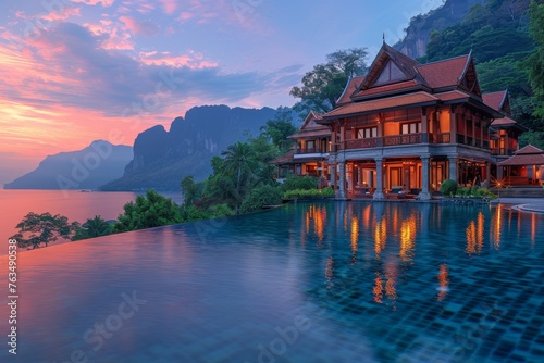 Sunset View of Luxurious Villa Amidst Tropical Paradise.