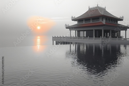 Misty Sunset Reflecting on Calm Waters with Pagoda.