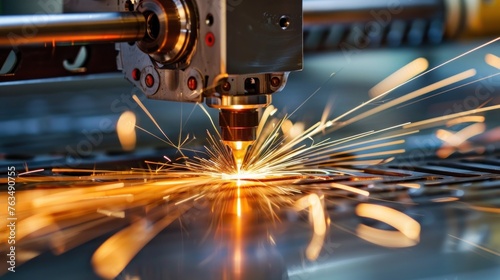 Metal welding machine with sparks in industrial manufacture background. AI generated image