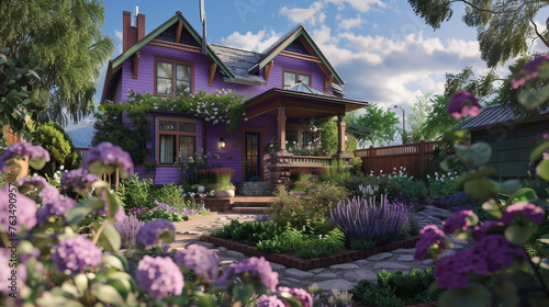 A lavender-hued craftsman house, with a backyard that includes a small, cozy greenhouse amidst flowering shrubs. © Ibad
