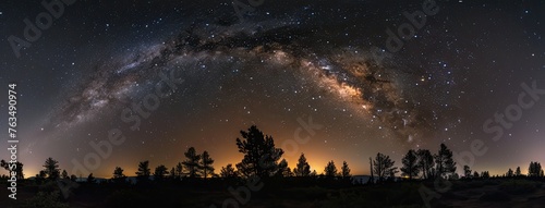 the Milky Way galaxy soaring above the silhouette of pine trees  merging the celestial and terrestrial realms into a single breathtaking panorama.