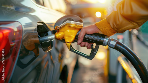 Hand Man Refill and filling Oil Gas Fuel at station. Gas station - refueling. To fill the machine with fuel. Car fill with gasoline at a gas station. Gas station pump. Generative AI