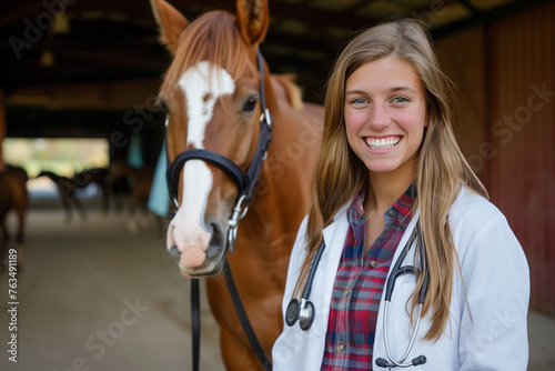 Smiling Young Female Veterinarian Stands Near a Horse