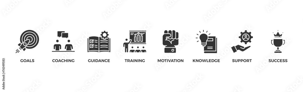 Mentoring banner web icon glyph silhouette with icon of goals, coaching, guidance, training, motivation, knowledge, support, and success	