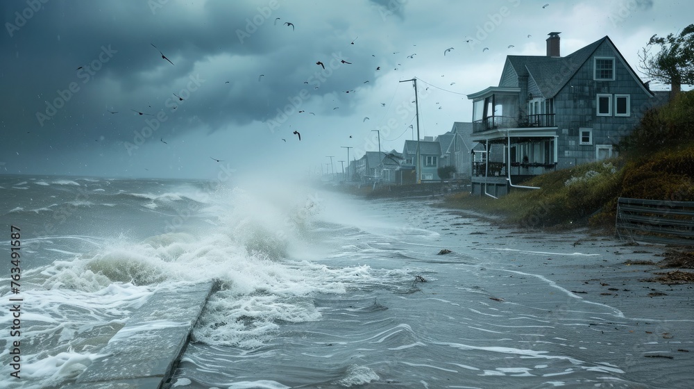 A summer squall hitting a coastal village, with gutters channeling water away from houses. - obrazy, fototapety, plakaty 