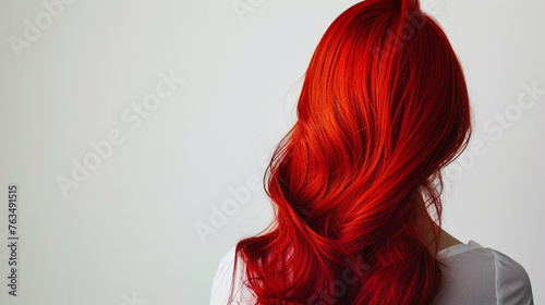 A striking back view of radiant red synthetic hair for women, set against a white backdrop.