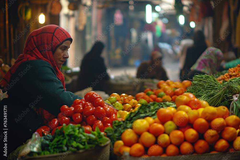 Market Vendor Woman Selling Fresh Vegetables - obrazy, fototapety, plakaty 