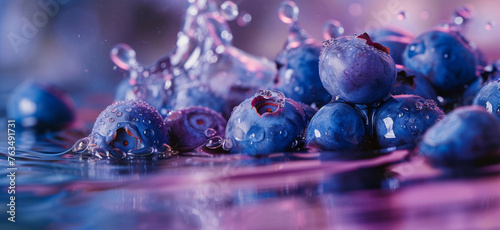 Fresh blueberry splashing in water with droplets flying around  vibrant colors. stock photo of water splash with blueberry Food Photography.