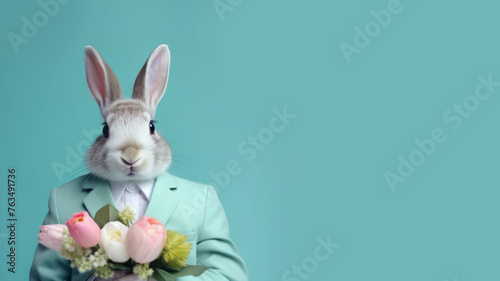 Cool easter bunny with spring flowers. Funny easter concept for holiday celebration banner. copy space for text