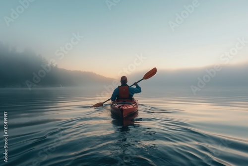 Solitary Kayaker on a Misty Lake at Sunrise