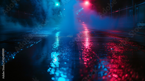 Wet asphalt with reflection of neon lights, spotlight, smoke. Abstract light on a dark street with smoke, smog. Dark background picture of an empty street, night view, night city.