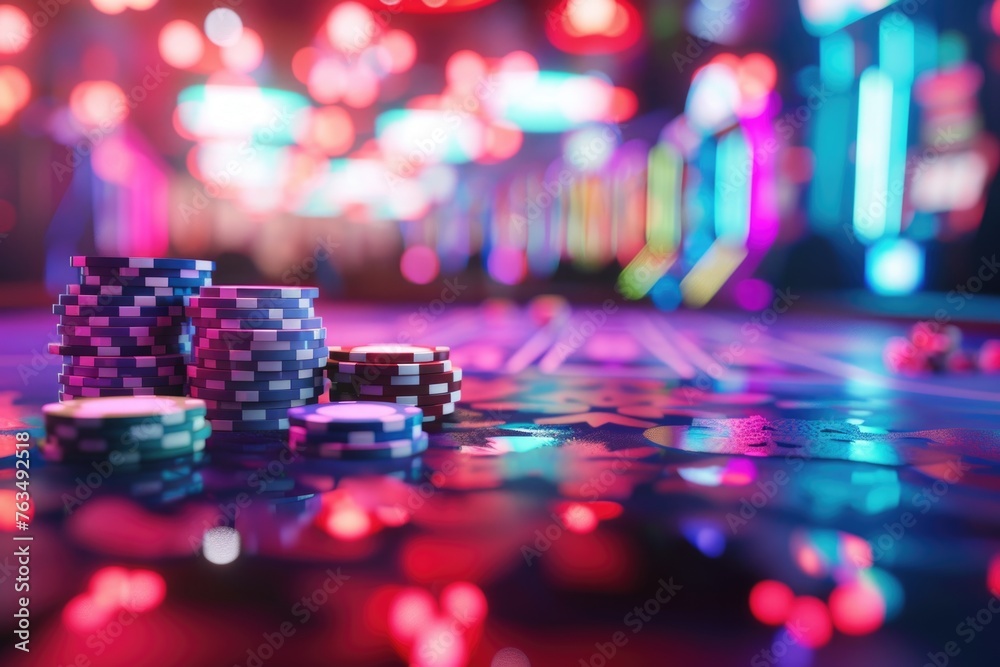 A vibrant scene at a casino with poker chips on a gaming table. The image is saturated with bright, dynamic lighting effects, giving it a lively and exciting atmosphere typical of a casino environment