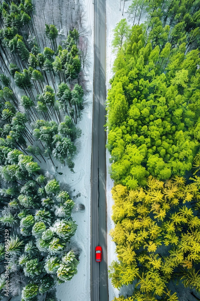 Aerial view of a car traveling on a road dividing a forest with trees in autumnal and winter colors.