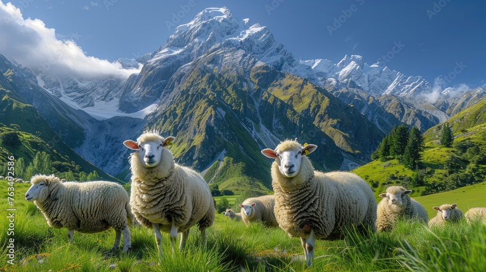 sheep grazing peacefully on lush green grass amidst the majestic mountains of New Zealand's North Island. - obrazy, fototapety, plakaty 
