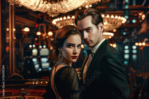 An elegantly dressed couple in a retro style, standing confidently in a casino setting. The woman is in a black dress and the man in a suit, creating an atmosphere of classic glamour