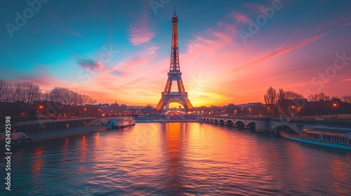 A breathtaking sunrise casts warm hues over the Eiffel Tower and the Seine River, capturing the essence of Parisian mornings.