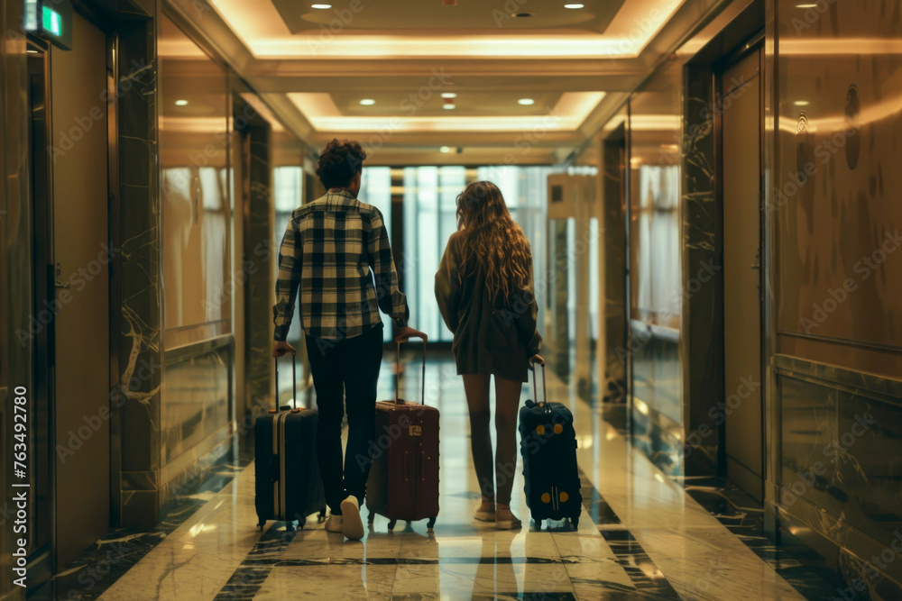 A young couple with luggage, seemingly in a hotel corridor, possibly checking in or out, or searching for their room, illustrating travel and accommodation themes