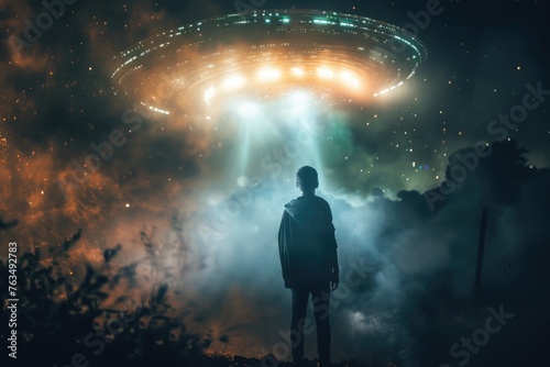 A highly stylized and dramatic scene depicting a man experiencing an encounter with an alien entity, conveying themes of sci-fi, abduction, or supernatural events