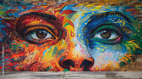 Striking graffiti art of human eyes in a myriad of colors, splashed across an urban brick wall, exuding a vivid, expressive vibe. photo