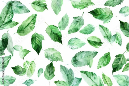 Numerous green leaves grouped together on a plain white background photo