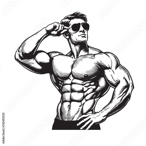 a clean body builder vector lines ,Muscular man in different poses showing muscles, Silhouettes athletes bodybuilding, Muscular bodybuilder vector silhouette illustration
