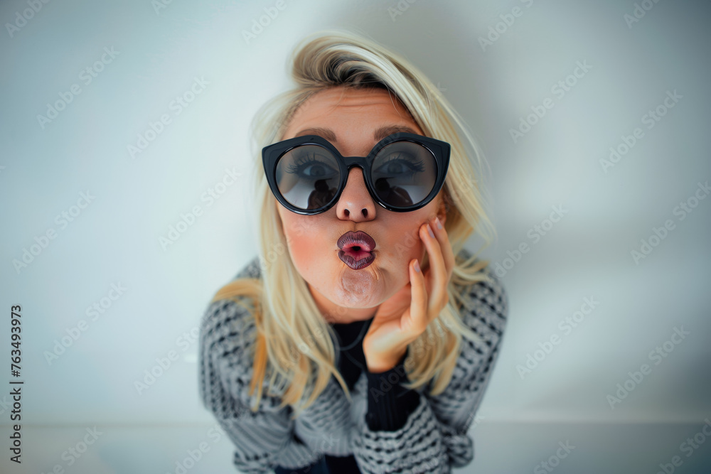 jeune femme mannequin envoyant des baisers, portant des lunettes de soleil noires, la main sur le menton, posant pour la photo, sur fond blanc dans le style de la photographie de mode - obrazy, fototapety, plakaty 