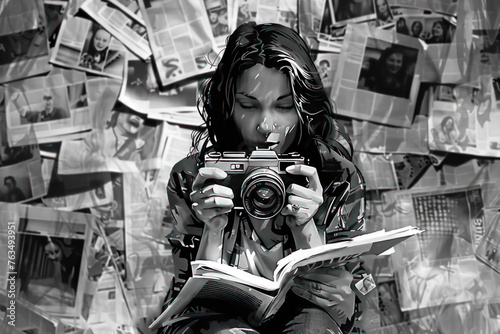 black and white illustration girl newspaper photography
