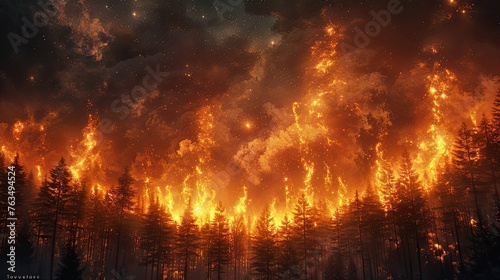 a close-up fire crackling amidst the trees, contrasting vividly with the deep darkness of the starlit sky above.