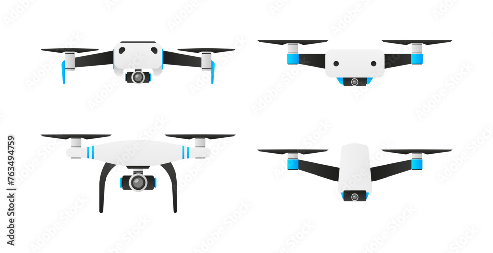 Quadcopter and flying drone on white background. Drone quadrocopter with action camera. Photo and video. Vector illustration.