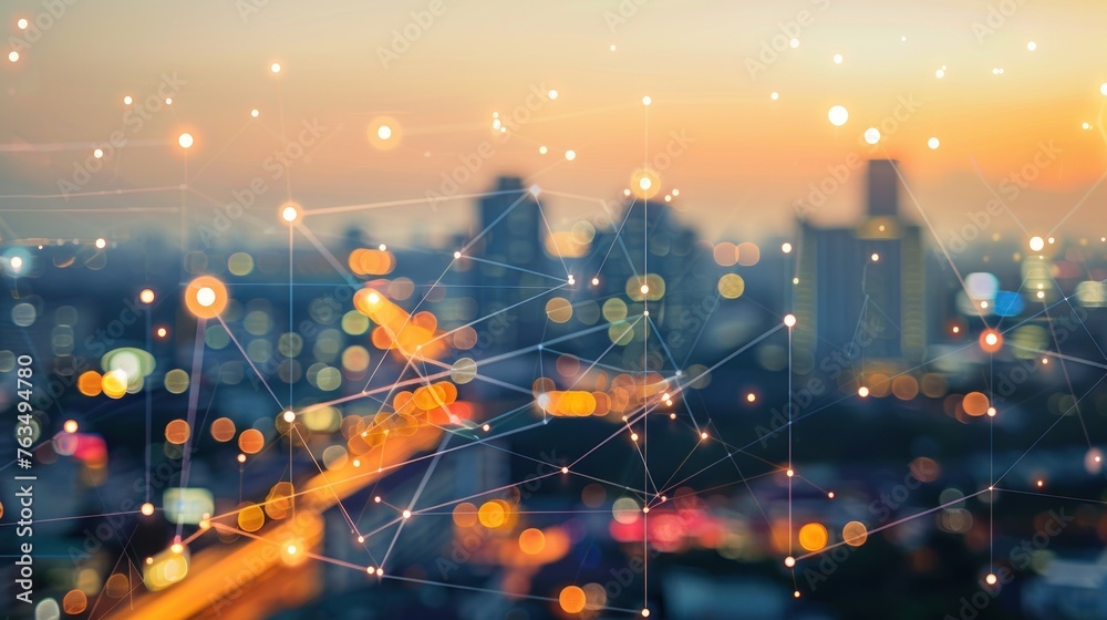 Fototapeta premium Polygonal business networking with connecting dots on blur city at sunset background.AI generated