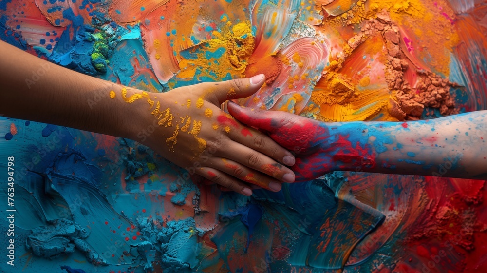 Two artists' hands shake as they skillfully blend diverse colors, symbolizing the integration of differences into a harmonious whole. Two artists' hands shake as they skillfully blend diverse colors, symbolizing the integration of differences into a harmonious whole.