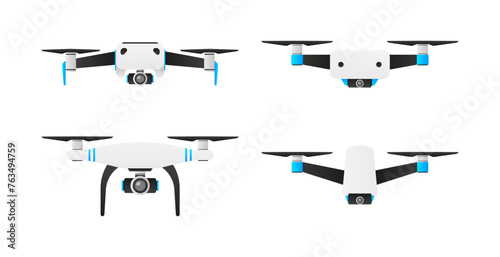 Quadcopter and flying drone on white background. Drone quadrocopter with action camera. Photo and video. Vector illustration.
