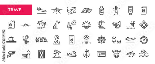 Travel symbols - airplane, ship, luggage, security gate, tropical island, sea wave. Pictograms represent travel, tourism, and transportation. Perfect for promo and social media. Vector illustration