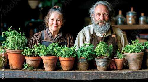 An elderly couple proudly poses behind a variety of potted herbs, showing their passion for gardening photo