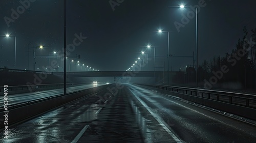 an empty freeway stretching into the darkness of the night, devoid of the usual hustle and bustle. © lililia
