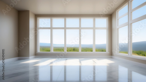 Interior of an empty white, bright room with large panoramic windows