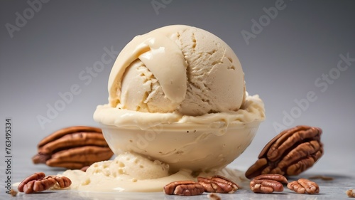 A 4K photo of a scoop of butter pecan ice cream, with individual chunks of pecans clearly visible and the creamy ice cream captured in unbelievable detail.