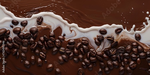 Detailed close-up of dark roasted coffee beans mixed with rich chocolate  creating a sensory combination of flavors and textures