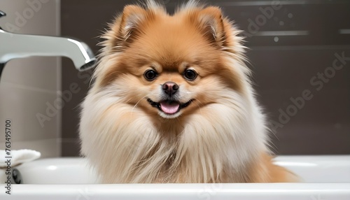 A Fluffy Pomeranian Getting A Bath Upscaled 2