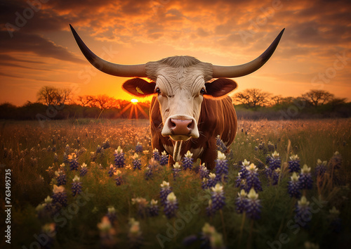 longhorn cow on sunset