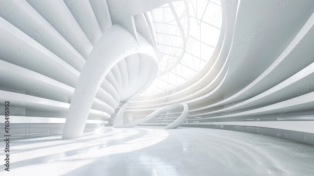 Naklejka premium 3d Rendering abstract modern white circular building architecture background. AI generated image