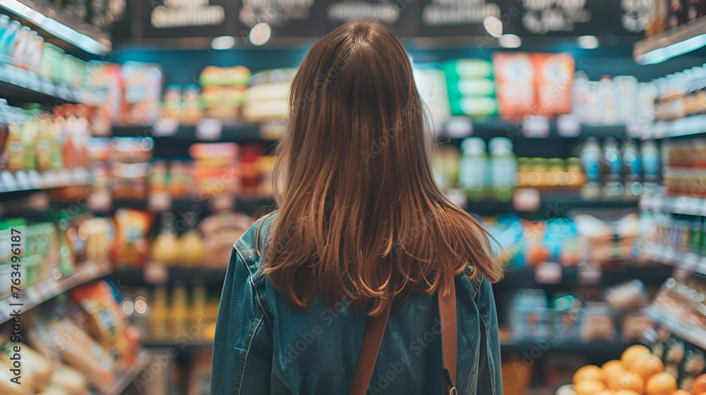 Woman shopping for bread in a bakery shop. Rear view of a young woman choosing bread in a supermarket. Woman shopping in supermarket, Generative Ai
