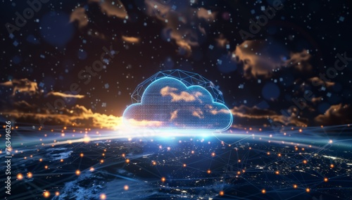 A digital cloud symbol floating above an earth with glowing connections, representing global data and network connectivity in the modern world Generative AI