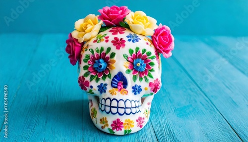 colorful flowershaped plastic sugar skull on blue background photo