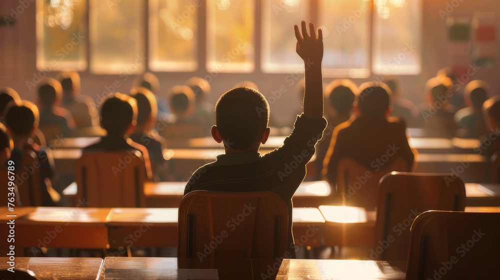 A cinematic image showing a confident child raising his hand to answer a question in class. - obrazy, fototapety, plakaty 