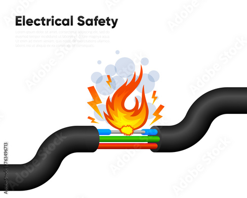 Electrical Safety concept. Wire is burning. Fire wiring. Faulty damaged cable. Fire from cable. Short circuit electrical circuit. Vector illustration.