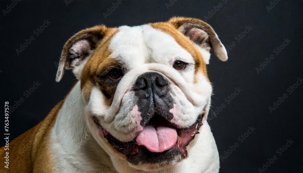 close up shot of smiling bulldog on the black backdrop background
