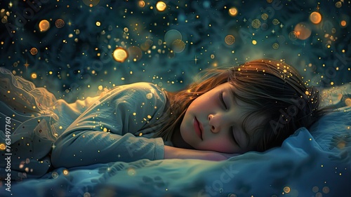 a two-year-old girl peacefully sleeping in her bed  under the tranquil glow of a starry evening.