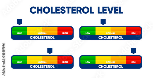 Cholesterol level meter with low and high fat test. Blood risk. Cholesterol level meter gauge with arrow indicator. Vector illustration.