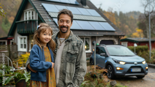 Family with little girl standing in front of their house with solar panels on the roof, having electric car. © aekkorn